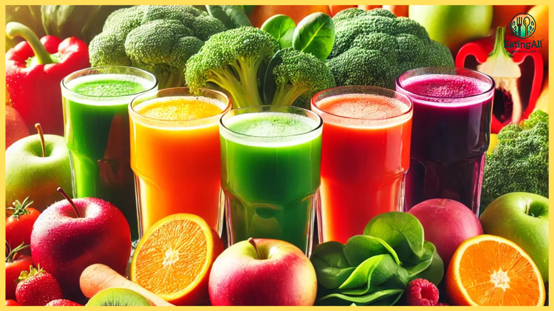 A vibrant display of five colorful glasses of freshly made juice, surrounded by fresh fruits and vegetables, evoking health, energy, and wellness.