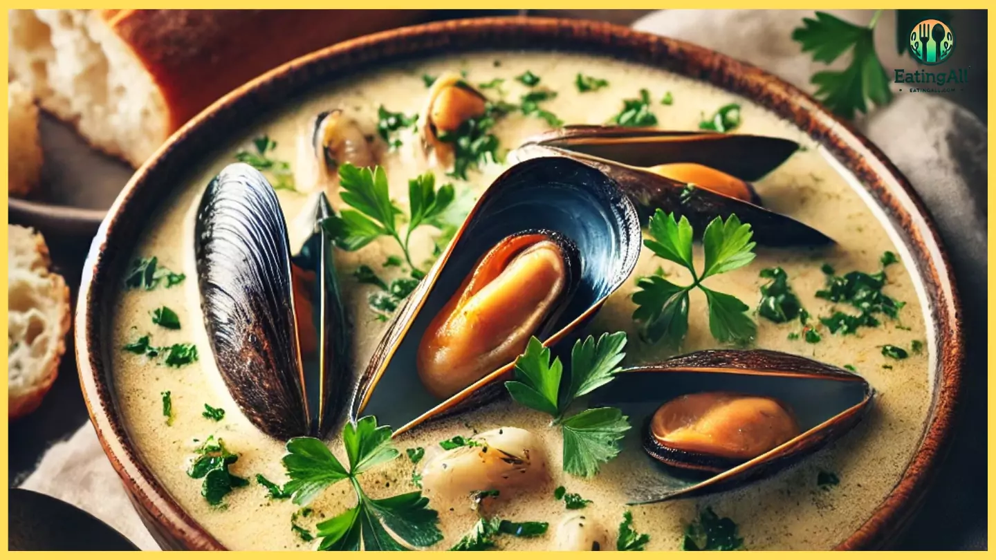 "A step-by-step guide showing how to make a creamy fish and mussel soup. The recipe involves simmering fresh fish fillets and mussels in a flavorful broth made with onions, garlic, white wine, and aromatic herbs. The soup is finished with a rich cream base, creating a smooth and comforting dish, garnished with fresh parsley and served with crusty bread on the side."